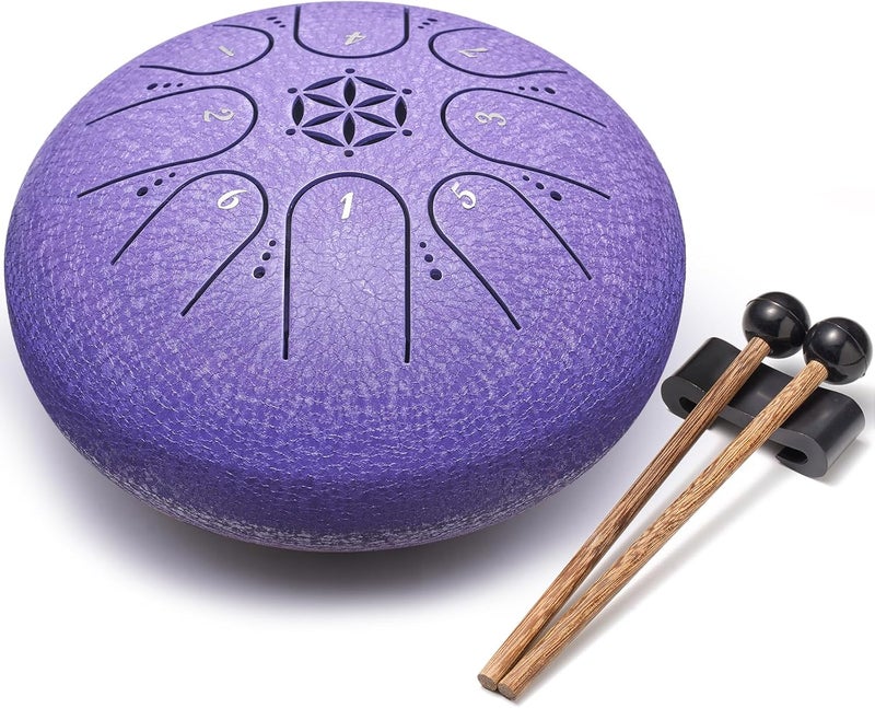 PUJONI Steel Tongue Drum, 6 Inch 8 Notes Percussion Instruments with Music Book, Mallets, Carry Bag, Finger Picks, Gifts for Beginners Musical Education & Adults Relaxation Meditation (Lavender) - Image 1